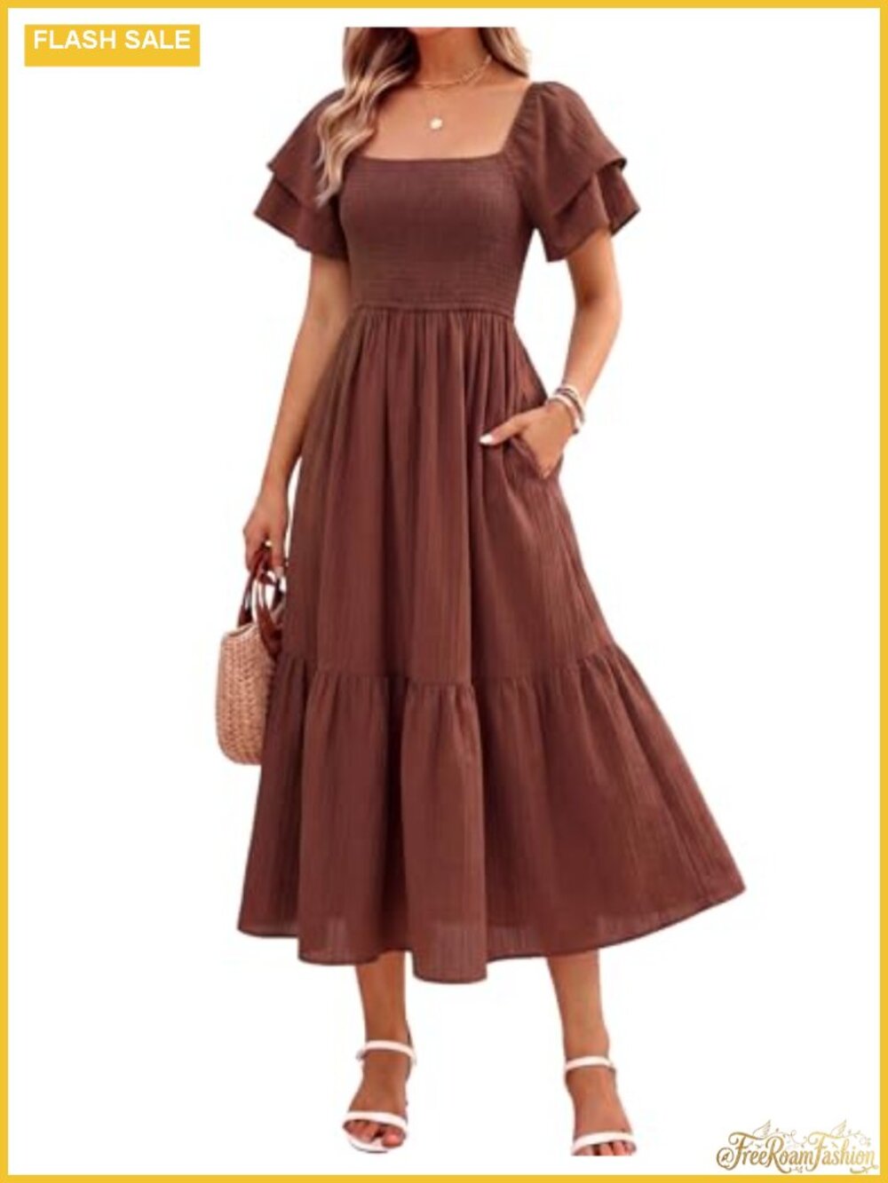 Women's Summer Midi Dress Short Sleeve Square Neck Ruffle High Waist Vacation